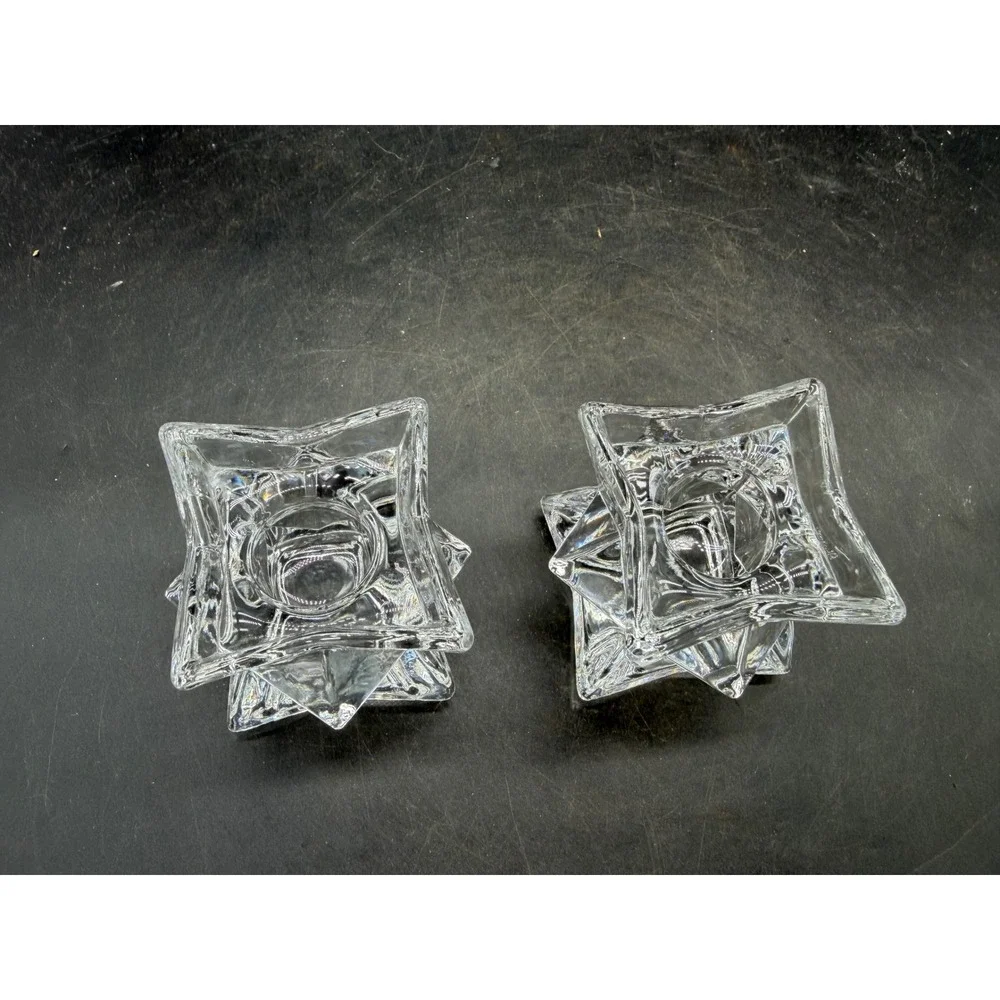 Vintage Geometric Clear Glass Star Candle Holders Set of 2 Taper Votive Pair